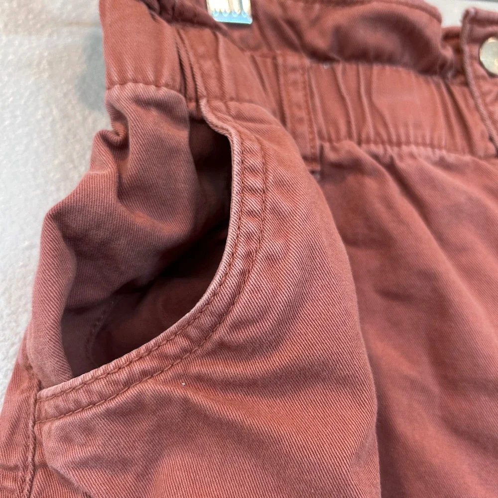 HM Womens High Waisted Paperbag‎ Shorts Terracotta Pink Cotton Size 10